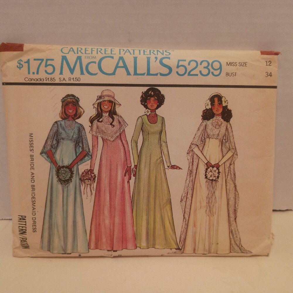 1976 McCALLS Pattern Sz 12 5239 Misses Bridal and Bridesmaid's Dresses CUT
